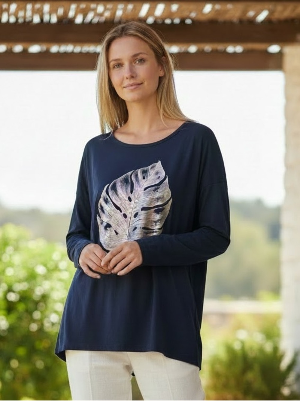 Orientique Fancy Knits Navy Oversized Leaf Top | Size 14/16/18